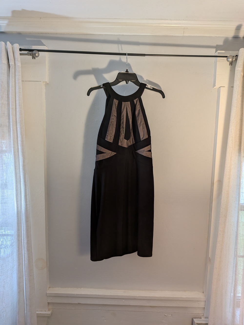 Morgan & Co. Black Midi Halter Dress with Taupe Panels And Sheer Overlay